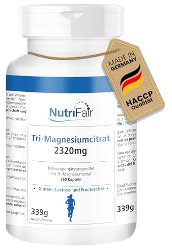 Trimagnesiumcitrat 2320 mg - 360 kapslar - Hög dos - 100% vegan - Tysk produktion och laboratorietester - NutriFair | Premium & Fair