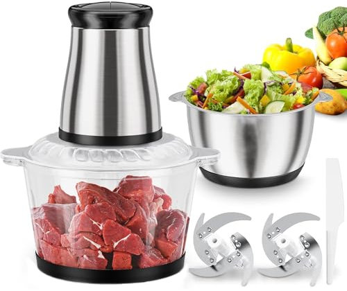 QIeAny Picadora De Carne Eléctrica, Licuadora, Picadora con Recipiente De Vidrio, Ingredientes Cortados Delicadamente A 360°, Corte Multietapa, Picadora De Carne De Acero Inoxidable,A