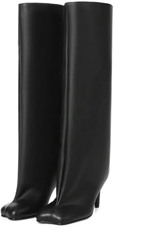 Wnshonzy Knee High Boots for Women Faux Suede Wide Calf Square Toe Tall Stiletto Kitten High Heels Thigh Long Fall Boot Pull on Fashion Casual Cute Y2K, Black Pu, 5.5 UK