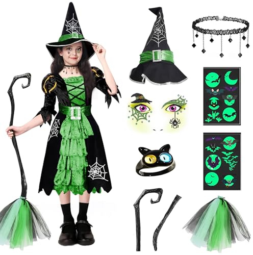 BITOYO Disfraz de Bruja Niña, Disfraz de Halloween de 7 piezas, Vestido de Bruja Halloween Niños con Sombrero de Collar Pegatina y Varita Mágica para niños Fiesta Cosplay Carnaval (Verde, L)