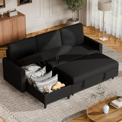 Vongrasig Pull Out Sleeper Sofa with Storage, 77 L-Shaped Convertible Couch Bed in Soft Corduroy for Small Living Room & Apartment, Reversible Sectional Sofa with Storage Chaise, Black