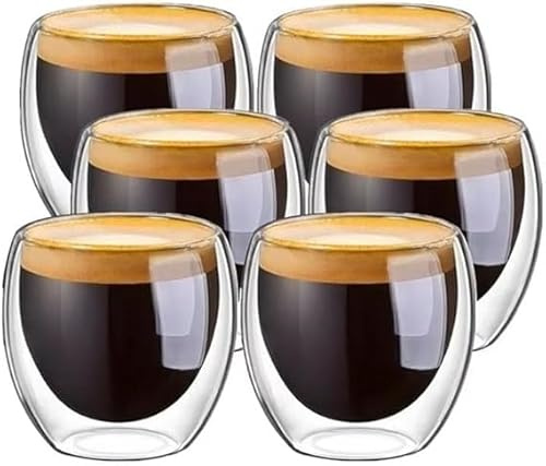 Generico Lot de 6 tasses à café en verre borosilicate à double paroi, 80 ml, transparent