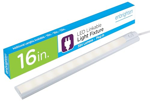 Enbrighten 16 Inch LED Premium Under Cabinet Light Fixture, Plug-in, Bright White 3000K, 384 Lumens, Plastic Housing, On/Off Switch, Perfect for Kitchen, Home Office, Garage, Workbench & More, 26535