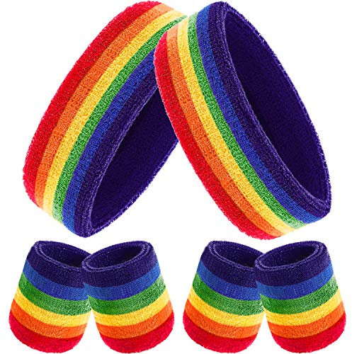 6 Stück Gestreifte Schweißbänder Set, Enthält 2 Stück Sport Stirnband und 4 Stück Armbänder Schweißbänder Bunte Baumwolle Gestreiften Schweißband Set für Männer und Damen (Regenbogen Farbe)