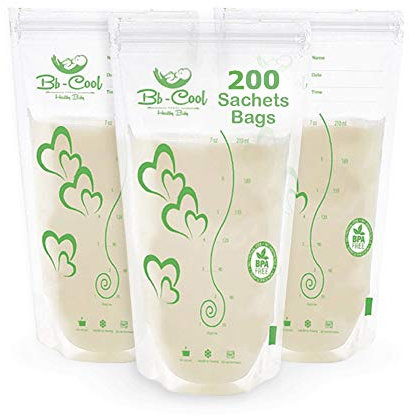 Sacche Contenitori per latte materno, 200 Sacchetti pre-sterilizzate senza BPA, 210 ml (200 pcs)