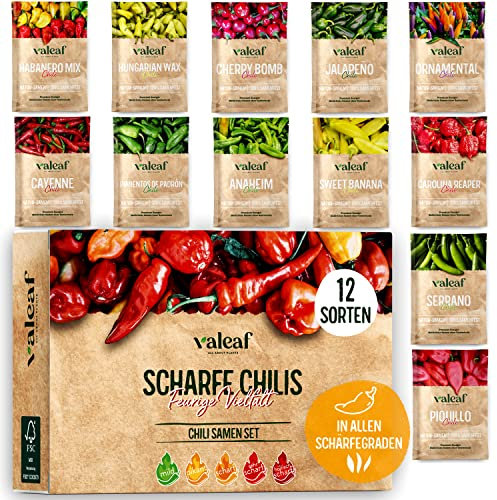 Chili Samen Set I 12 scharfe bis milde Chili Samen Sorten in höchster Qualität I Von Carolina Reaper Samen bis zu seltenen Chili Pflanzen Sorten für Chili Verrückte I Chilli Samen Set von Valeaf