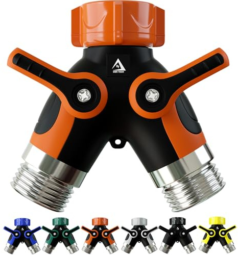 DBR Tech® Hose Splitter 2 Way, Heavy Duty Metal Connector, Two Way Garden Hose Splitter, High Flow Spigot Faucet Bib Adapter, Solid Double Y Shut Off Valve for Outdoor Gardening Hoses, Orange