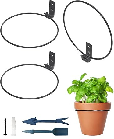 NACETURE Confezione da 3 ganci per piante da 20,3 cm, per esterni e interni, gancio da parete in metallo, set di anelli per vasi da fiori neri con pala da giardino
