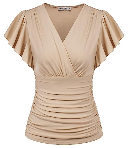 GRACE KARIN Womens Tops Dressy Casual, 2026 Ruffle Sleeve Wrap Blouses, V Neck Ruched Business Work Shirts Apricot 2XL