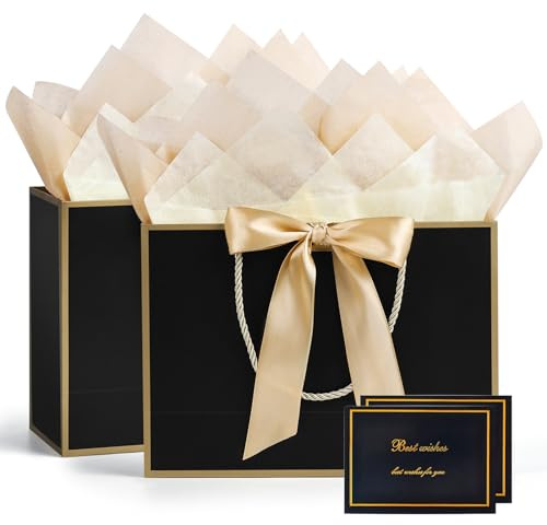BBILKE Sacchetti Regalo Medie - 2 Sacchettini Borsa Regali Compleanno in Carta con 2 Carte, Buste Regalo Grandi Elegante con Manici per Donne Ragazze San Valentino Festa di Nozze Natale (Oro Nero)
