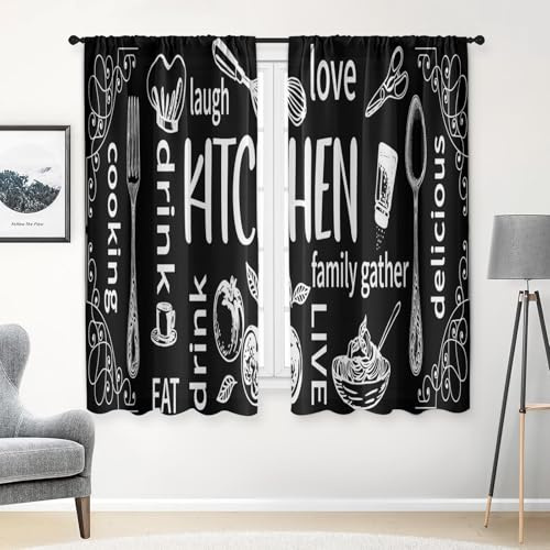 Arttown Kitchen Curtains 63 Inch Length, 2 Pack, Abstract Doodle Modern