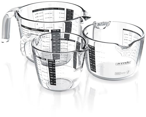Arendo Set of Glass Measuring jugs, 250ml, 500ml, 1000ml (0.2l 0.5l 1l), Glass Measuring Cup, Transparent Borosilicate - Measuring jug, Accurate Scales, Microwave Safe