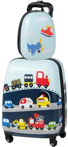 HOMFME 2 PCS Kids Luggage Set, 16 Inch Children Carry on Suitcase with 12 Inch Backpack, Adjustable Handle and Smooth Wheels, Hard Shell Boys Girls Trolley Case for Travel School (Cars, Blue)