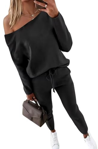 CHICME Casual Lounge Sets for Women Long Sleeve Off The Shoulder Pullover Tops and Pants Matching Set Tracksuit Black-M