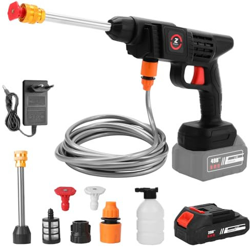 Eznaobo Kabelloser Hochdruckreiniger, 21 V, 50 bar, Tragbarer Hochdruckreiniger mit Akku, Schaumstoffschlauch, Reinigung und Bewässerung (1 x 1.5Ah Akku)