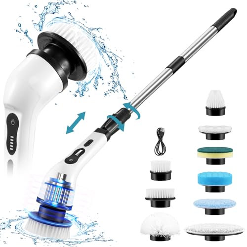 Electric Spin Scrubber, Cordless Bath Tub Power Scrubber with 9 Replaceable Drill Brush Heads, Shower Cleaning Brush with Adjustable Handle for Bathroom, Tile Floor & Car