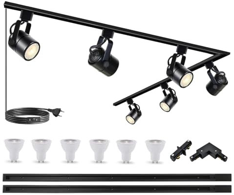 Bravsekai Faretti a Binario, Illuminazione a Binario Regolabile GU10 con 6 Luci, Moderno Sistema a Barra LED 4000K, Kit nero Binario per Soffitto/Parete Cucina