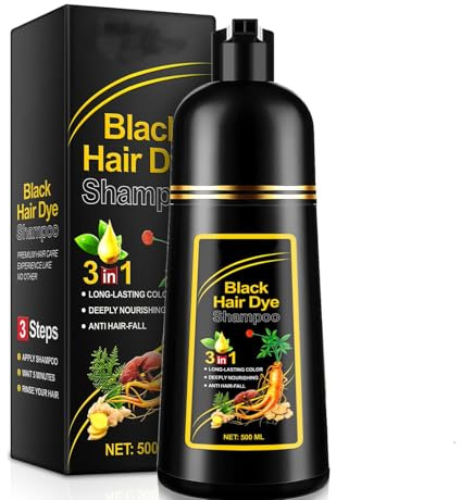 Champú Tinte 3 en 1 para Cabello Negro, 500ML Black Hair Dye Shampoo 3 en 1 Natural y Duradero Champú para Teñir el Cabello Negro, Duradero y Fácil de Usar en Casa Para Hombre y Mujer