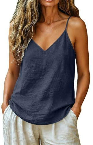 Camisetas sin Mangas de Algodón y Lino para Mujer Tirantes de Verano con Botones Cuello en V Top Casual Color Liso Chaleco de Camisa Elegante Transpirable Estilo Bohemio (Navy, XXXL)