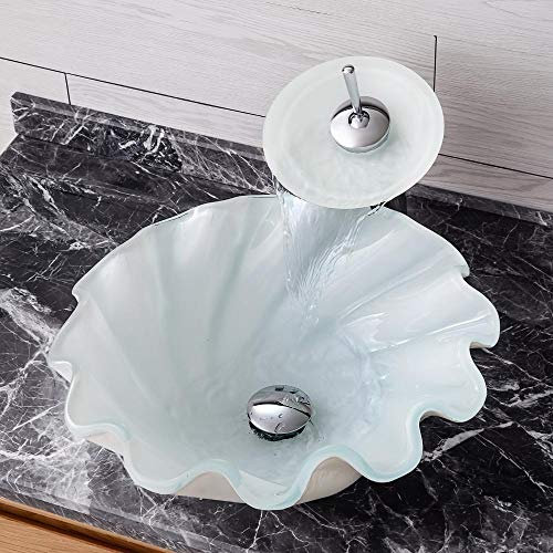 HomeLava Lavabo Vasque à poser blanc en verre trempé bord Design en lignes Coquillages avec Robinet Cascade pour salle de bains 43.5x15.5cm