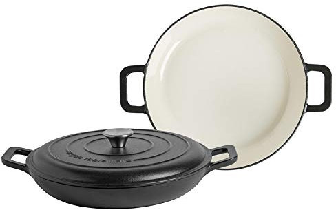Argon Tableware 2.3L Shallow Cast Iron Casserole Dishes with Self-Basting Lids - Matte Black - 2 Pack Induction Hob Cooking 2.43QT Dutch Oven Bread Baking Serving Roasting Stew Stock Pot Cookware Pan