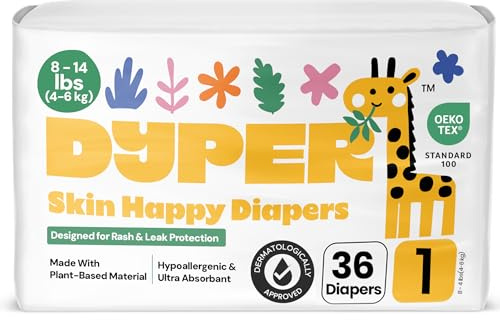 DYPER - Baby Diapers Size 1 (36 Count) - Plant Based Disposable Diapers for Day and Overnight Premium Leak Protection, Skin-Friendly Comfort with Soft Size 1 Diapers (8-14 lbs)