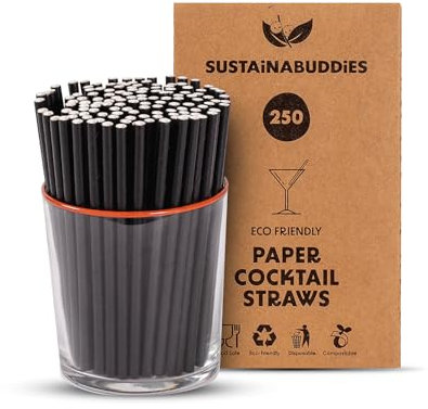 SustainaBuddies Lot de 250 pailles jetables en papier pour cocktail | Certifiées FSC, biodégradables et compostables | solides et durables