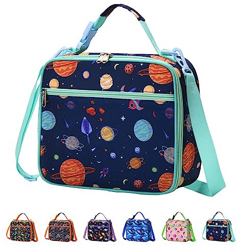 Pretty Jolly Mini Kids Lunch Box, Insulated Reusable Lunch Bag for Girls & Boys, Thermal Meal Container Tote with Shoulder Strap, Hot or Cold Snacks Lunchbox for School,Work,Picnic (Planet)