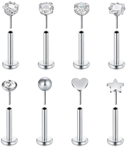 FECTAS 8pcs Senza Filo Push-in Lip Bars Labret Stud Piercing in Acciaio Inox 16G 8mm Tragus Cartilage Helix Orecchino Piercing Gioielli Argento