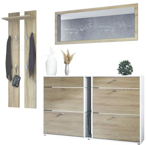Vladon Ensemble vestiaire Orlando avec Armoire à Chaussures, Panneau Mural et Miroir Mural, Blanc Mat/chêne Brut