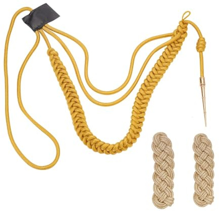 WEBEEDY 3 Pièce D'Accessoires D'Uniforme Militaire avec 1 cordons D'Épaule D'Aiguillette à Pointe Unique et 2 insignes D'Épaule Tressés Traditionnels Ruban de Robe à Épaulettes Dorées