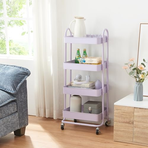 [en.casa] Servierwagen Pyhäntä Rollwagen mit 4 Ebenen Küchenwagen aus Metall Beistellwagen mit 2 Bremsen Allzweckwagen Aufbewahrungswagen für Küche Bad Büro Lila