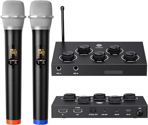 Wireless Handheld Microphone System, Dual UHF Cordless Mic 2x8 Adjustable Frequency, 100ft Coverage, Dynamic Microphone for Karaoke, Singing, Church, Home KTV