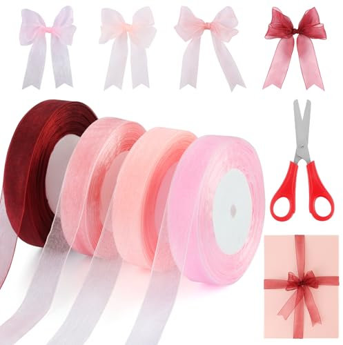 4 band organzabband, 45 m x 2 cm presentband brett med 1 sax, transparent organza-band, band för handgjorda gör-det-själv-pyssel, presentförpackning, bröllopsdekoration