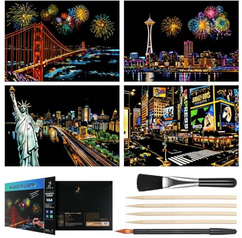 Giantree Kratzbilder für Kinder, 10 Stück Urban Scratch Paper und Stift Set, Regenbogenmalerei Nachtansicht Kunst & Handwerk Kratzpapier Scratch Painting für DIY Crafts Home Decor Art Project Games