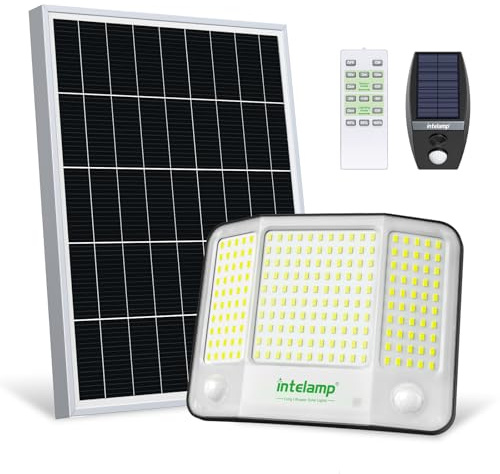 intelamp Solar Flood Lights Outdoor Waterproof, 20000mAh 4000LM Linkable Dual Motion Sensor Security Floodlight Exterior with Remote 16.4 FT Cable, 2-12H Dusk to Dawn Spots Lighting Outside