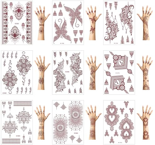 OPUHOHR 10 Blätter Mehndi Braun Tattoos Aufkleber, Henna Temporary Tattoo, Temporäre Tätowierung Wasserdichte für fasching und Party Accessoire