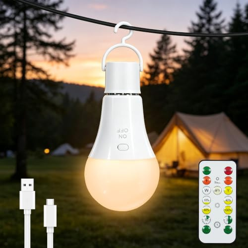 Dehobo Ricaricabile Lampadina LED E27 Dimmerabile con Telecomando, 1 Pezzo | Lampada a Batteria Pulsante con Timer e 3 Temperature di Colore, per Campeggio Emergenza