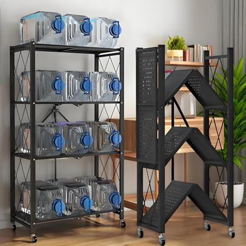 Kitchen Garage Metal Shelves, Storage Shelves Organizer, Foldable Metal Shelving, Closet Shelving Unit, 28 W x 14 D x 50 H Bakers Rack Microwave Stand, Plant Stand with Wheels (4-Tier Shelf)
