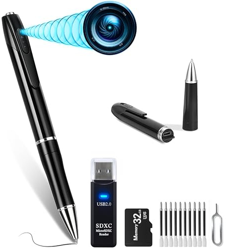 Mini Camara Espia Oculta Camuflada Bolígrafo, Camara de Vigilancia sin Cables (Pack Premium 2MP Super HD con MicroSD 32GB U3, Lector LED y 10X Recargas de Tinta) Grabación en Bucle, 128GB MAX.