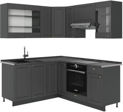 Vicco Eckküche Fame-Line, Anthrazit-Gold Landhaus/Anthrazit, 190 x 160 cm ohne Arbeitsplatte, zur individuellen Erweiterung mit zusätzlichen Modulen geeignet