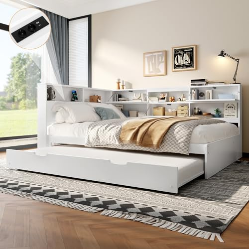 Moimhear Daybett con cama desplegable y compartimento de almacenamiento - 140x200 cm Blanco - Canapé con estación de carga USB-C y cabecero - Madera maciza de pino - Sin colchón