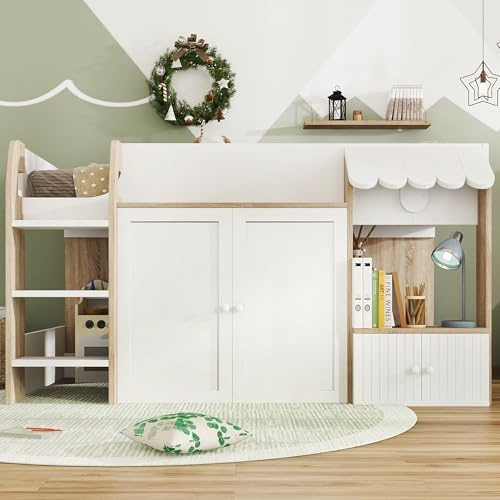 KUIKUI Mid Sleeper Bed with Storage Underneath, Low Bunk Bed for Kids, Loft Bed 3ft Single Bed 90×190cm, Children's Cabin Bed, White and Natural
