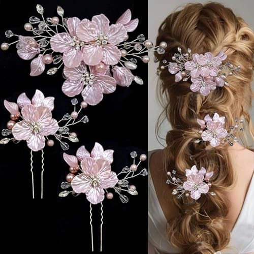 Tocados de Pelo Boda 3 Piezas Horquillas Perlas y Flores Novia Adornos Adornos para el Pelo Boda Invitada para Mujeres, Damas de Honor, Fiestas y Aniversarios (Rosa)