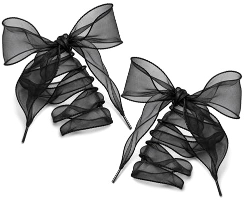 DIPZO 2 Paires de Lacets en Ruban Organza Transparent, 4 cm de Large, Lacets Plats à Bords Roulés pour Baskets et Chaussures, Noir