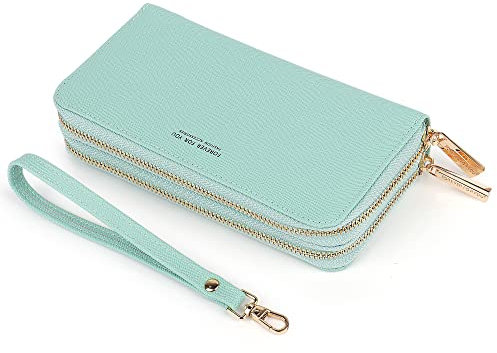Katech Portafoglio Donna, Grande Capacità Portamonete in Pelle PU con Doppia Cerniera e Cinturino da Polso Staccabile, Portamonete Donna per Donna Ragazza Signore (Verde Chiaro)