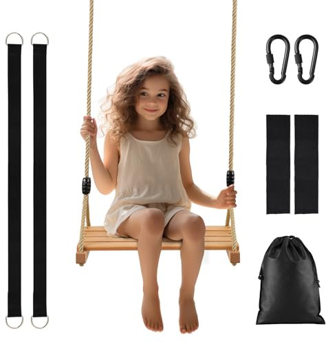 AnExer Wooden Swing Seat, Beech Wood Tree Swing Seat with Adjustable Hemp Rope and Swing Hanging Kit for Adult Children Indoor and Outdoor Garden Yard Play, Max Load 100KG/200lbs