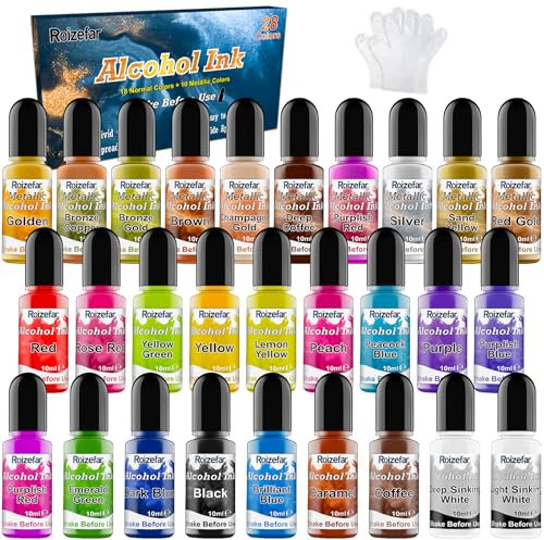 Roizefar Alkohol Tinten set – 28 Alcohol Ink Farben, Harzfarbe, konzentrierte, Tinte auf Alkoholbasis, Alcohol Ink Epoxidharz farbe für Untersetzer, Acrylmalerei, Becherherstellung, je 10 ml