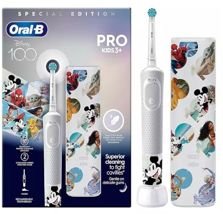 Oral-B Pro Kids Electric Toothbrush, 1 Toothbrush Head, x4 Disney Stickers, 1 Travel Case, 2 Modes with Kid-Friendly Sensitive Mode, Ages 3+, 2 Pin UK Plug, Special Edition