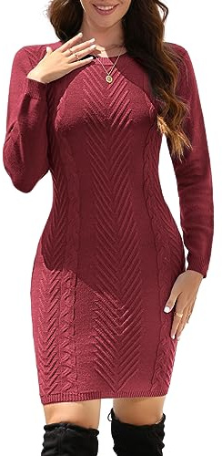 UMIPUBO Womens Dress Knitted Jumper Dresses Long Sleeve Round Neck Sweater Bodycon Ladies Elegant Soft Warm Knitwear Slim Fit Pullover Party Dress (Wine Red, S)